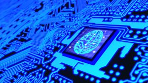 Blue glowing circuit board and a CPU with a brain symbol on top