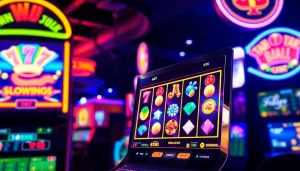 Slot deposit 1000 dengan antarmuka mesin slot online yang penuh warna dan lampu neon mencolok.