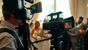 Capture the essence of video capture during a wedding, featuring joyful guests and professional equipment.