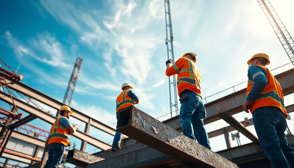 Workers performing structural steel installation, showcasing teamwork and precision amidst construction.