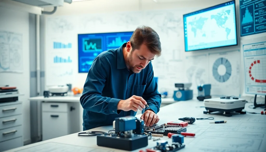 Engineer analyzing components of das 140 system in a high-tech lab setting.