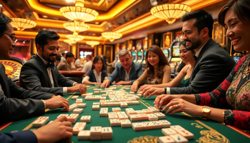 Players enjoying link mahjong at a casino table with vibrant tiles and excitement.
