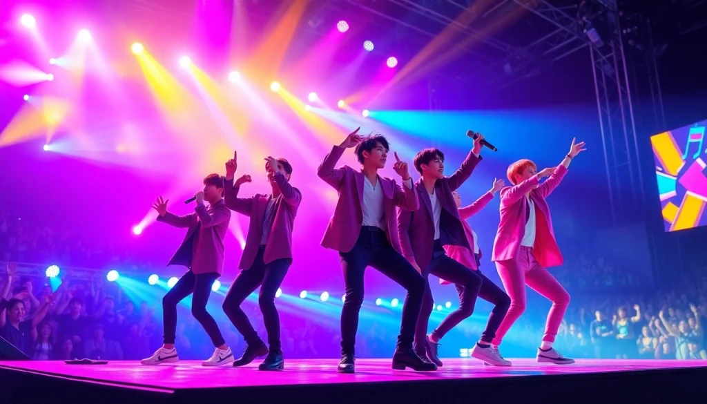 BTS news reveals the band performing live in a vibrant concert with colorful lights and enthusiastic fans.