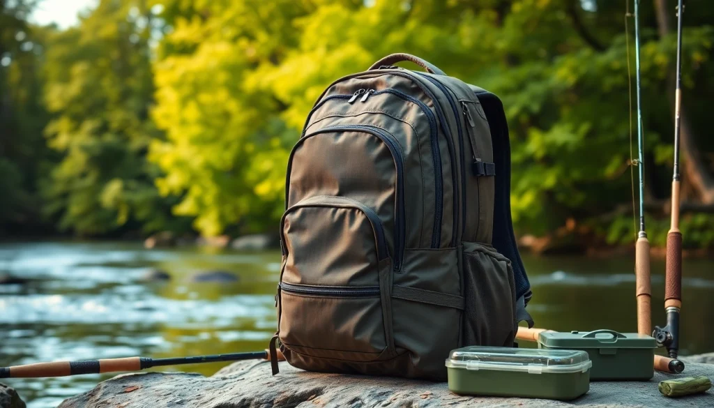 Showcasing a fly fishing backpack against a scenic river, emphasizing its durability and storage features.