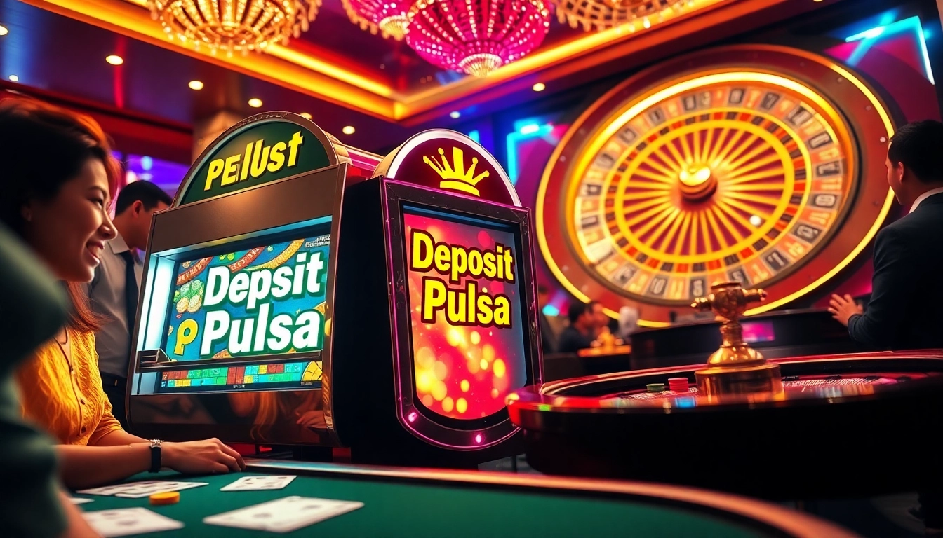 Experience thrilling action at the slot deposit pulsa machine surrounded by eager gamblers and vibrant casino elements.
