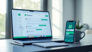 笔记本电脑上显示的 WhatsApp Web 界面，展示无缝消息传递的功能。