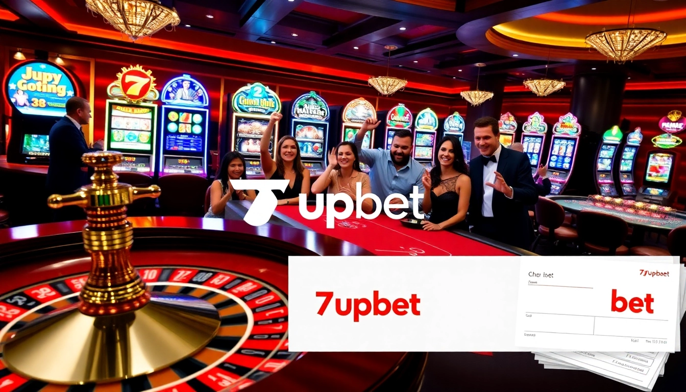 Players enjoying their time at the casino with 7upbet branding visible on betting slips.