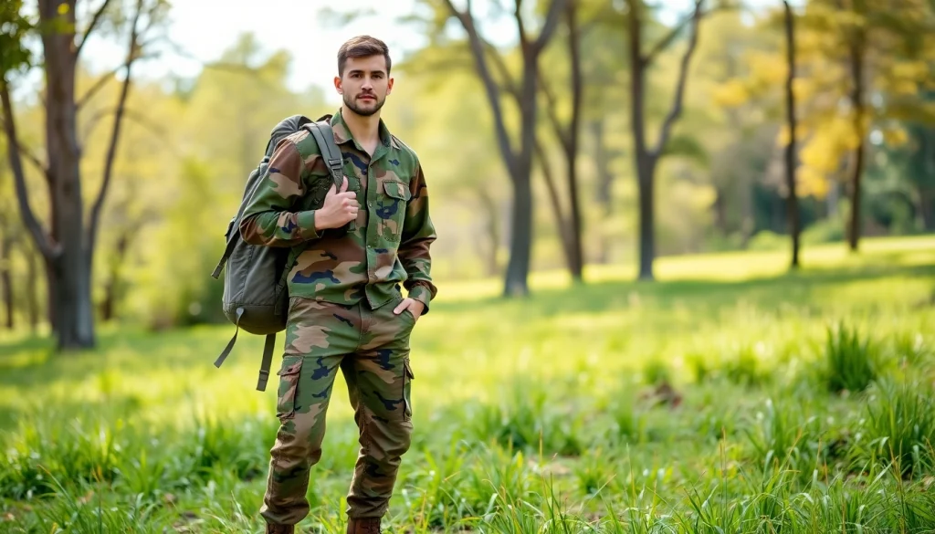 Model draagt katoen met legerprint in een natuurlijke omgeving met groene kleuren.