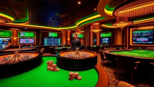 Sbobet betting platform showcasing vibrant casino elements like roulette wheels and poker chips.