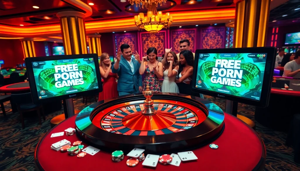Enjoying free porn games at a lively casino table with poker chips and cards.