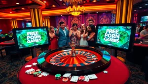 Enjoying free porn games at a lively casino table with poker chips and cards.
