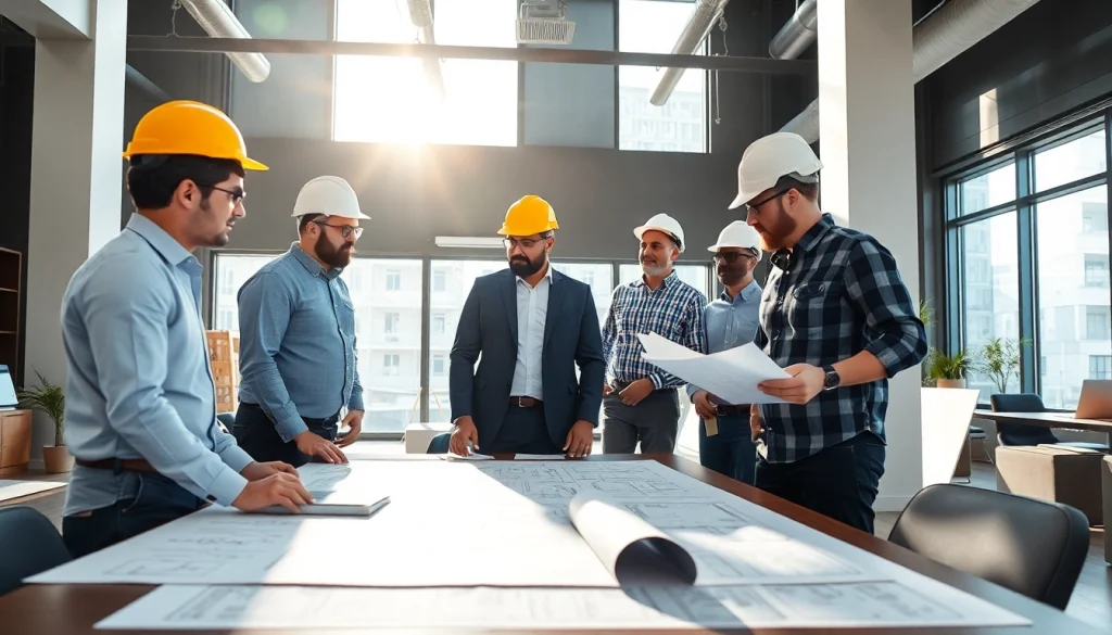 Texas association of builders collaborating at a construction site meeting with blueprints.