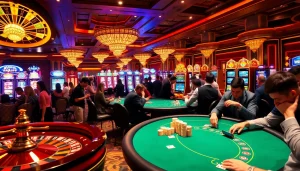 Exciting casino scene with gamblers at the roulette wheel, linking Mahjong to vibrant gambling activities.