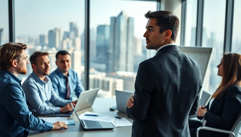 Crisis management consultant strategizing with a team in a modern office environment.