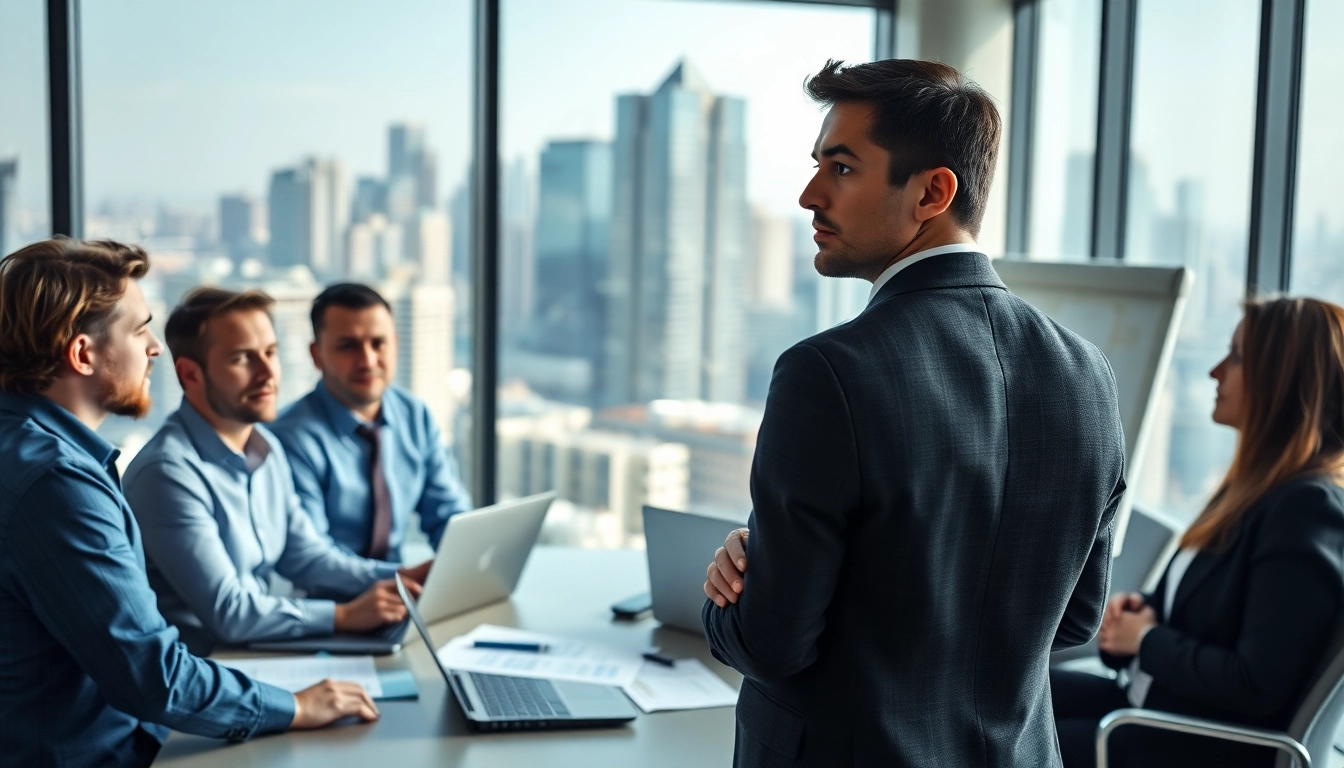 Crisis management consultant strategizing with a team in a modern office environment.