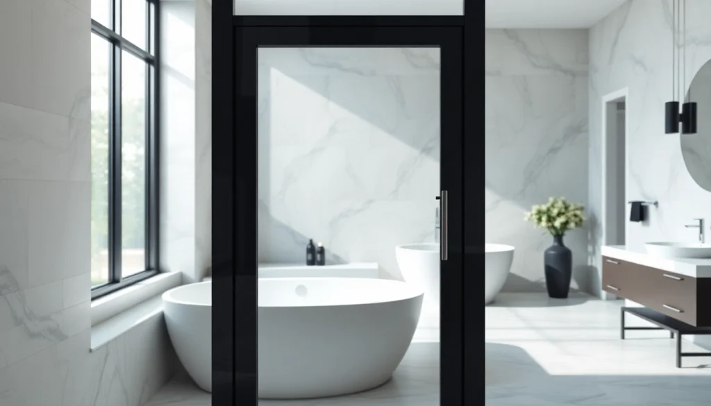 Black shower door black frame enhances modern bathroom elegance.