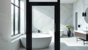 Black shower door black frame enhances modern bathroom elegance.