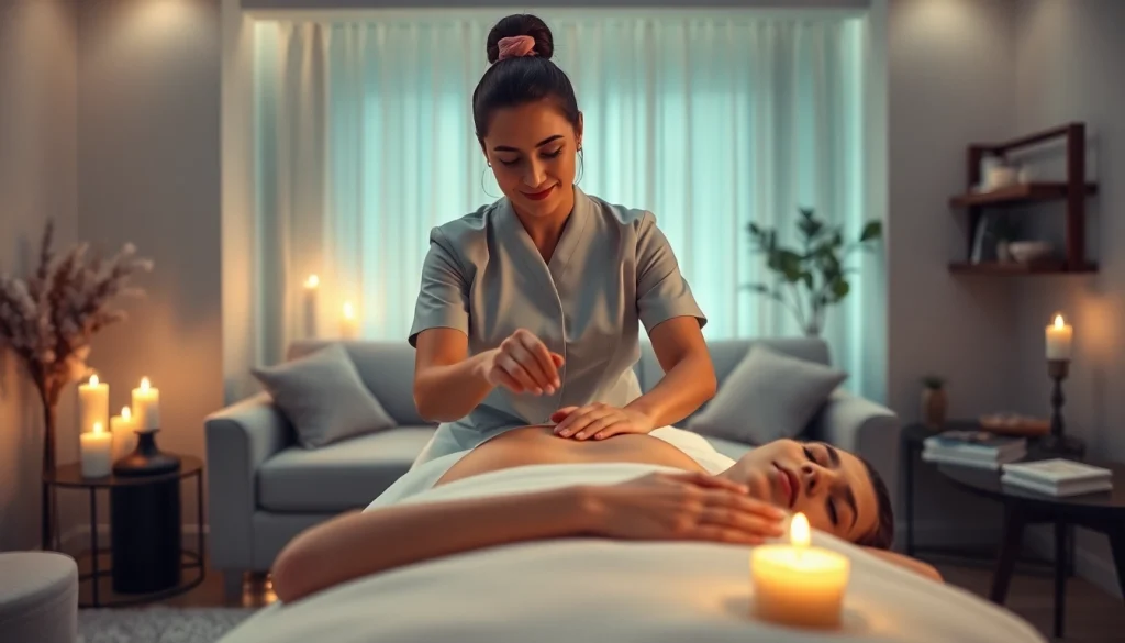 출장 massage scene with a professional therapist in a cozy living room.