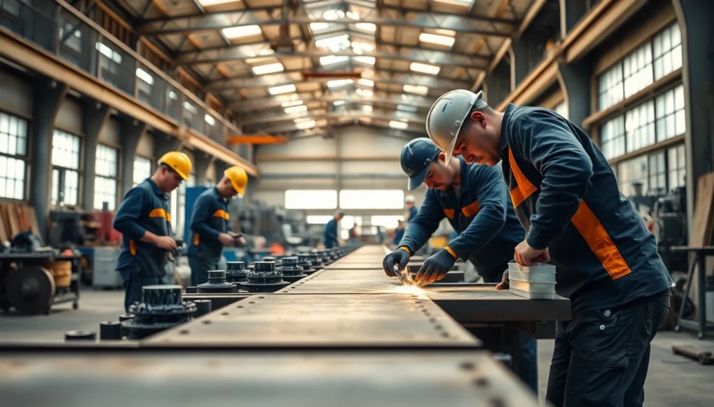 Workers at a steel fabrication shop crafting custom metal pieces with precision and skill.