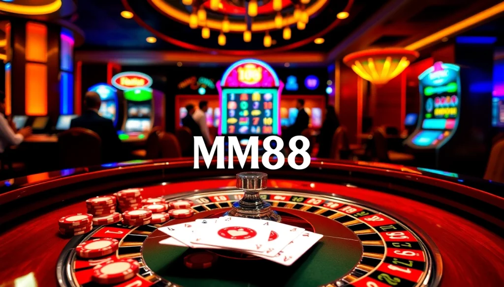 Engaged gamblers enjoying MM88 games at a vibrant casino, showcasing roulette and poker.
