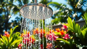 Experience a sunny shower outdoors surrounded by vibrant greenery and colorful flowers.
