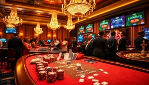 Experience thrilling poker action at topclub's luxurious casino with vibrant chips and cards.