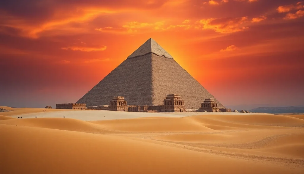 Piraminds standing tall against a vibrant sunset, showcasing ancient Egyptian architecture.