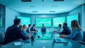 Display of Competitive intelligence data in a business meeting, featuring diverse professionals.