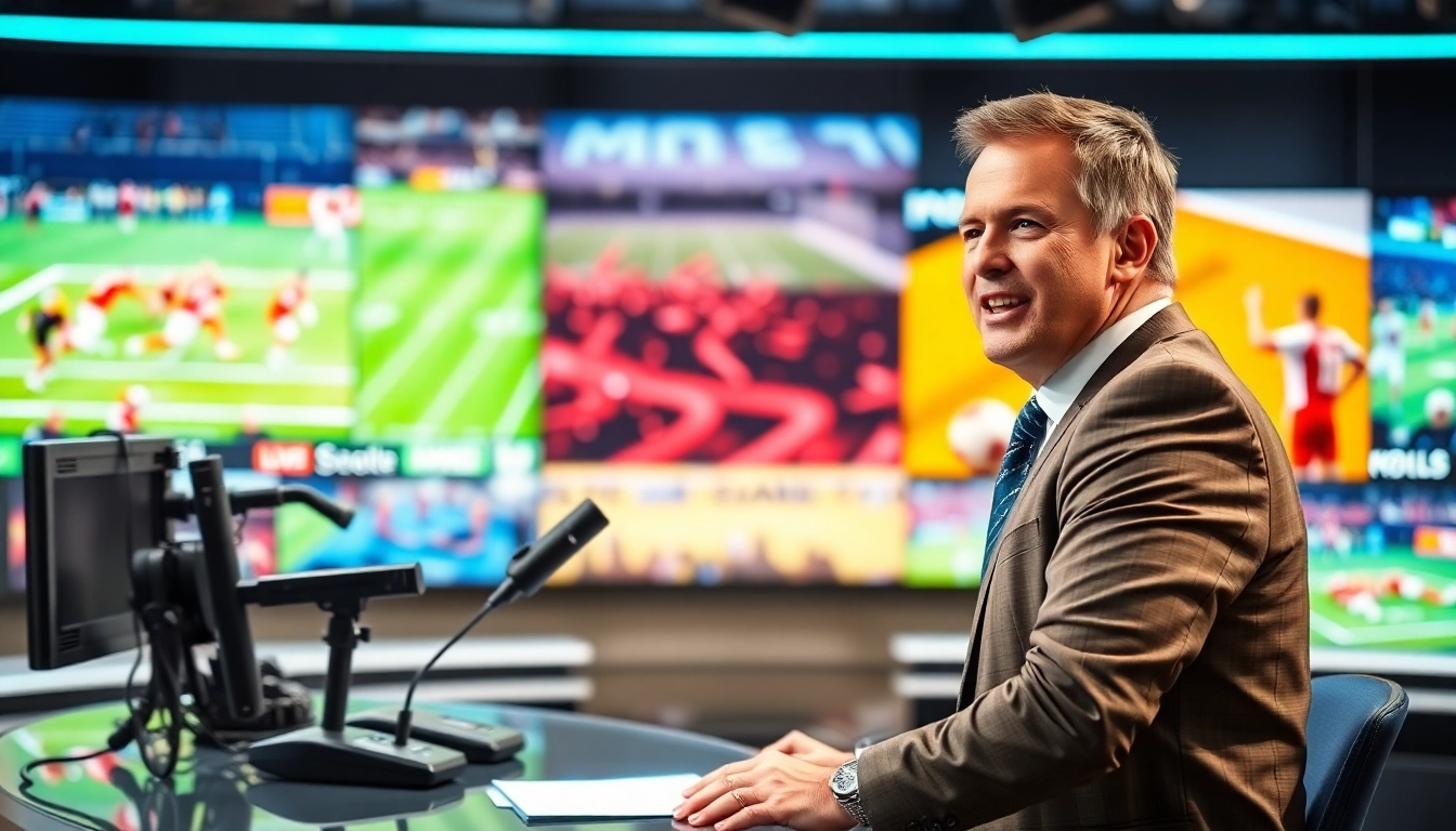 Engaging announcer showcasing the essence of Sports Broadcasting in a vibrant studio.