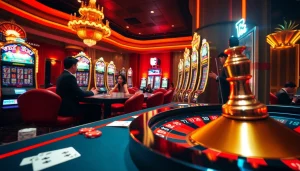 RR88 players enjoying a thrilling casino experience with poker chips and slot machines.