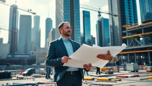 New York City Construction Manager supervising a busy construction site with workers and blueprints.