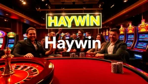 Players engaging at a vibrant casino table featuring the Haywin logo and thrilling gaming elements.