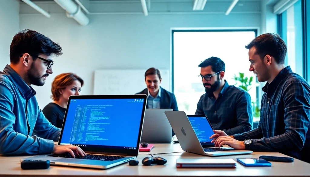 Showcase of AI Software developers collaborating in a modern office, illustrating teamwork and technology.