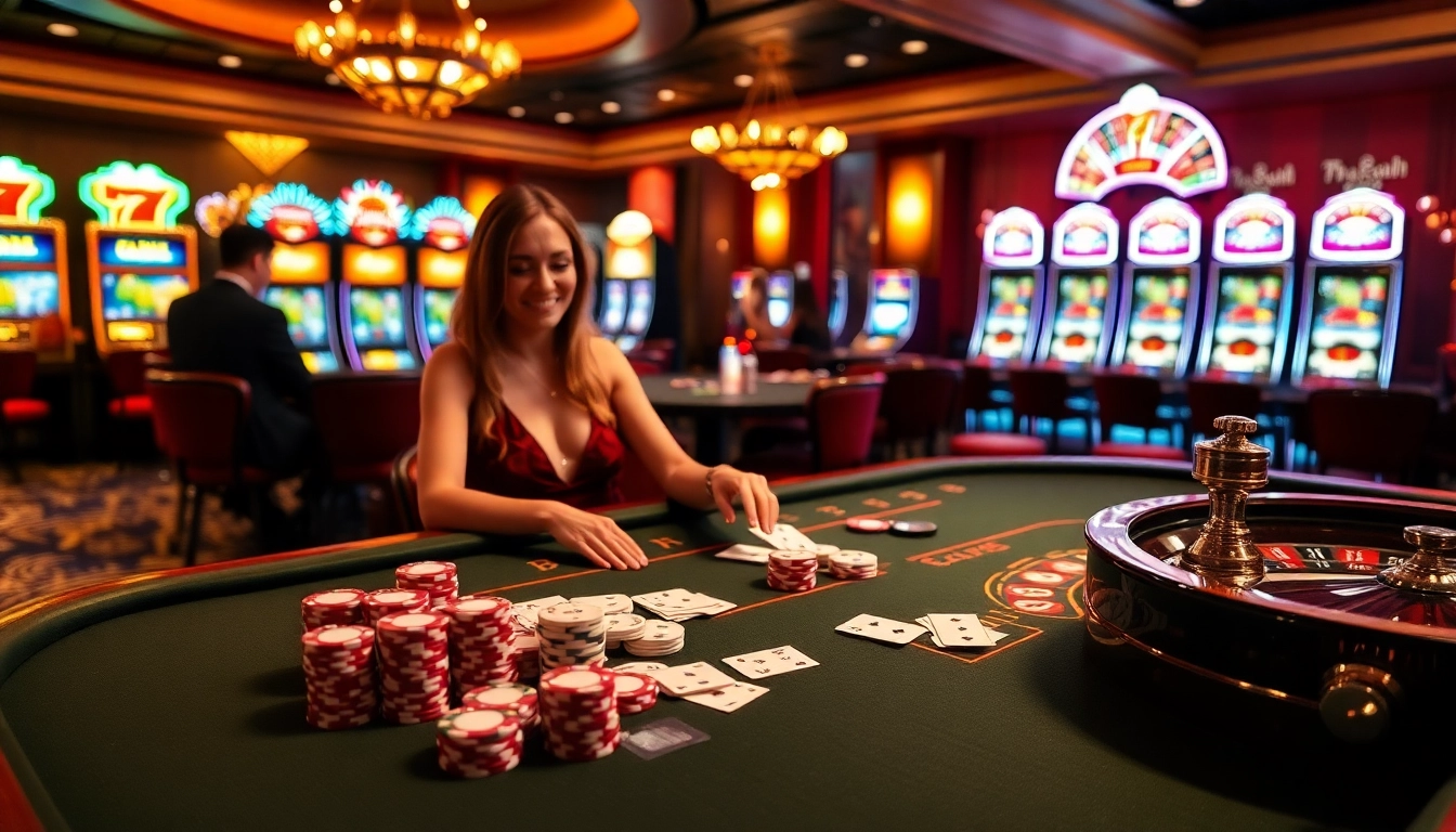 S8 casino players enjoying a vibrant poker game at a luxurious casino table with slot machines in the background.