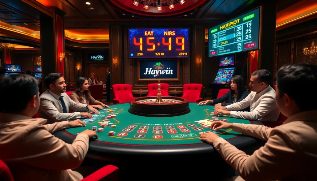 Experience the thrill of high-stakes poker at Haywin's luxurious casino, filled with colorful chips and eager players.