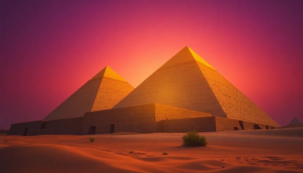 View of a majestic pyramid during sunset, highlighting intricate details of the piraminds.