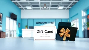 Promote a window tint gift card against a stylish backdrop, emphasizing service quality and presentation.