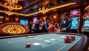 Experience the thrill of Tk88 at a luxurious casino with vibrant tables and exciting games.