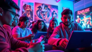 Engaged players enjoying free porn games on modern devices in a vibrant gaming atmosphere.
