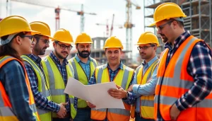 Construction safety programs discussion among professionals at a construction site.