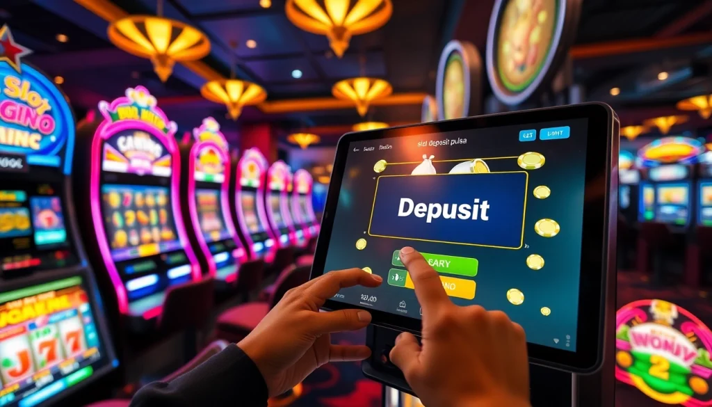 Antarmuka perjudian online yang menarik dengan opsi deposit pulsa untuk slot, mesin berwarna-warni, dan suasana kasino yang hidup.