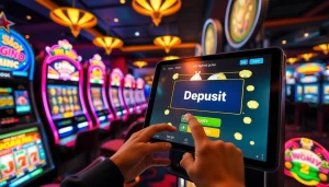 Antarmuka perjudian online yang menarik dengan opsi deposit pulsa untuk slot, mesin berwarna-warni, dan suasana kasino yang hidup.