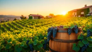Savor Sacramento Wineries' scenic vineyard with ripe grapes and a rustic wooden wine barrel.
