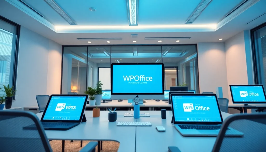 在现代办公室环境中多设备显示的WPS下载，展示生产力。