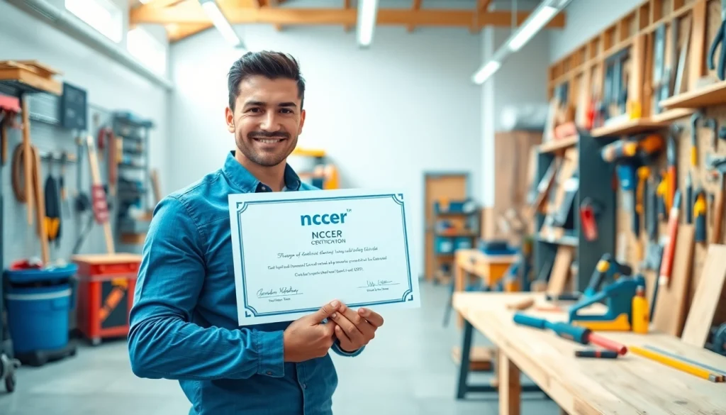 Showcase of an individual achieving nccer certification with tools in a professional workshop.