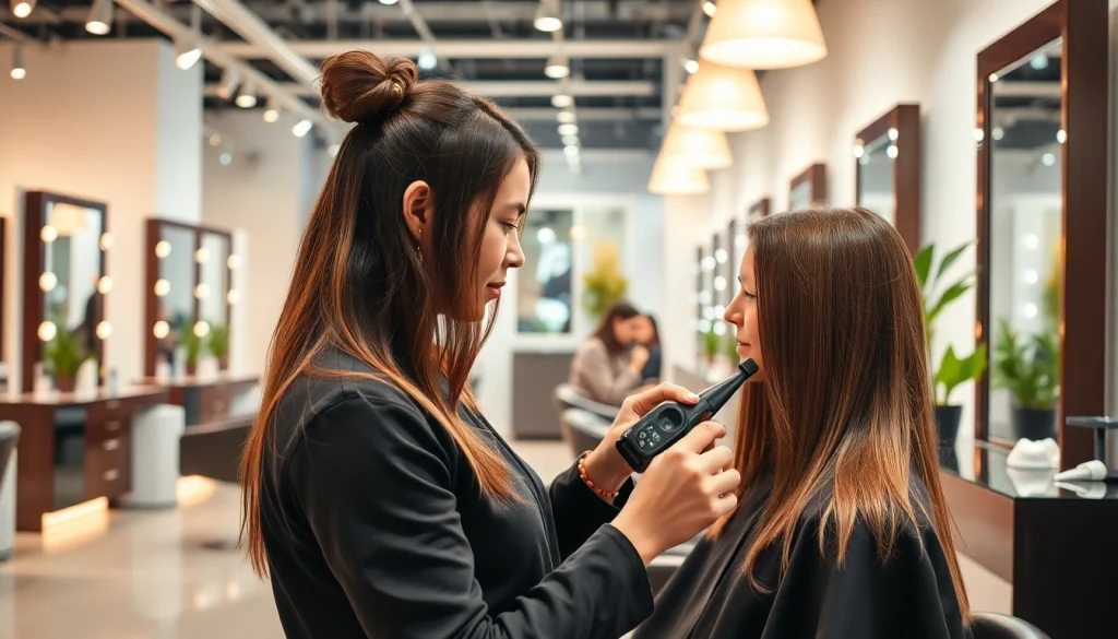 Salon coafură București cu hairstylist la lucru, atmosfera profesionistă și prietenoasă.
