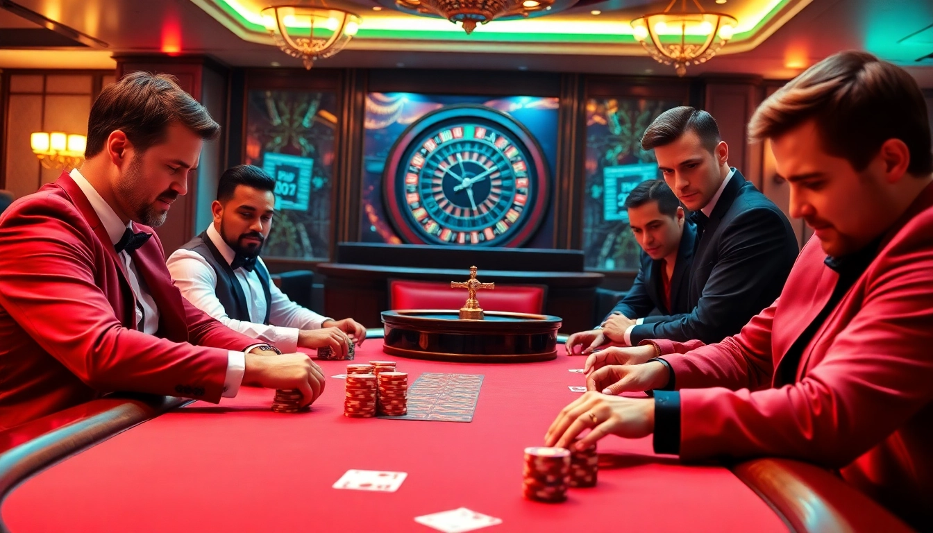 Adegan poker situs deposit 5K dengan para penjudi di meja mewah yang menampilkan permainan intens dan suasana yang semarak.