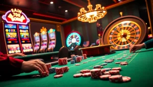 Exciting poker action at a casino table, featuring chips and cards, with a luxurious atmosphere inspired by https:/cm88.bz/.