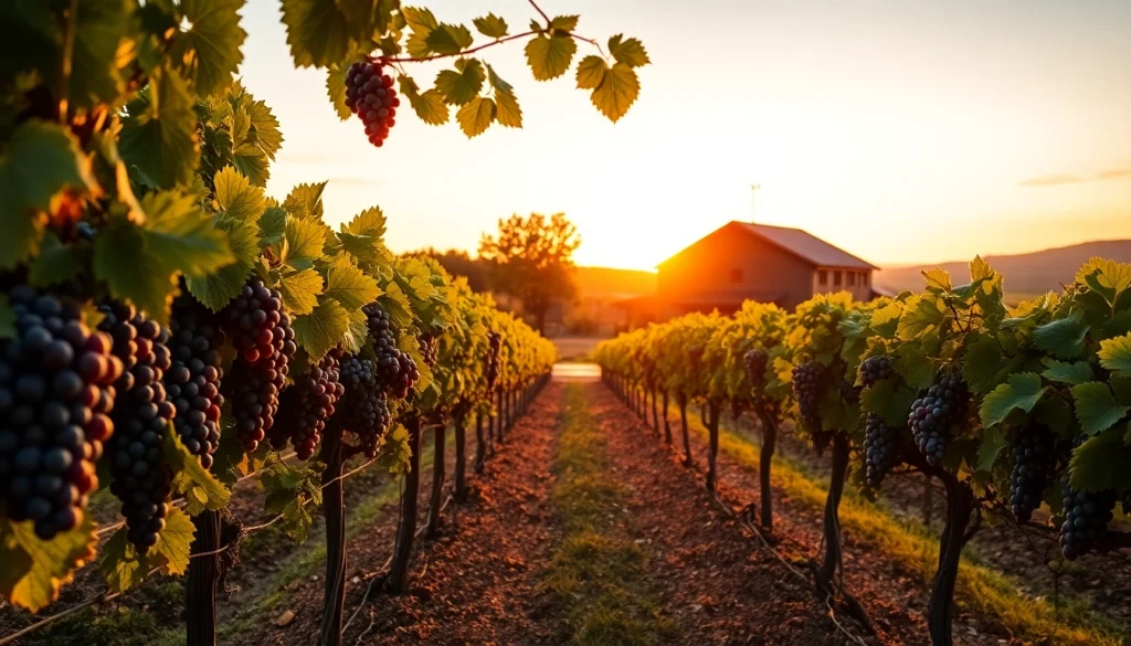Vineyard scene in Clarksburg showcasing ripe grapes and a rustic winery, perfect for lovers of wineries in Clarksburg.