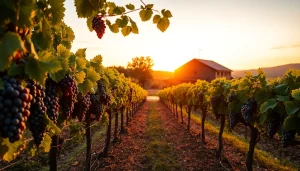 Vineyard scene in Clarksburg showcasing ripe grapes and a rustic winery, perfect for lovers of wineries in Clarksburg.
